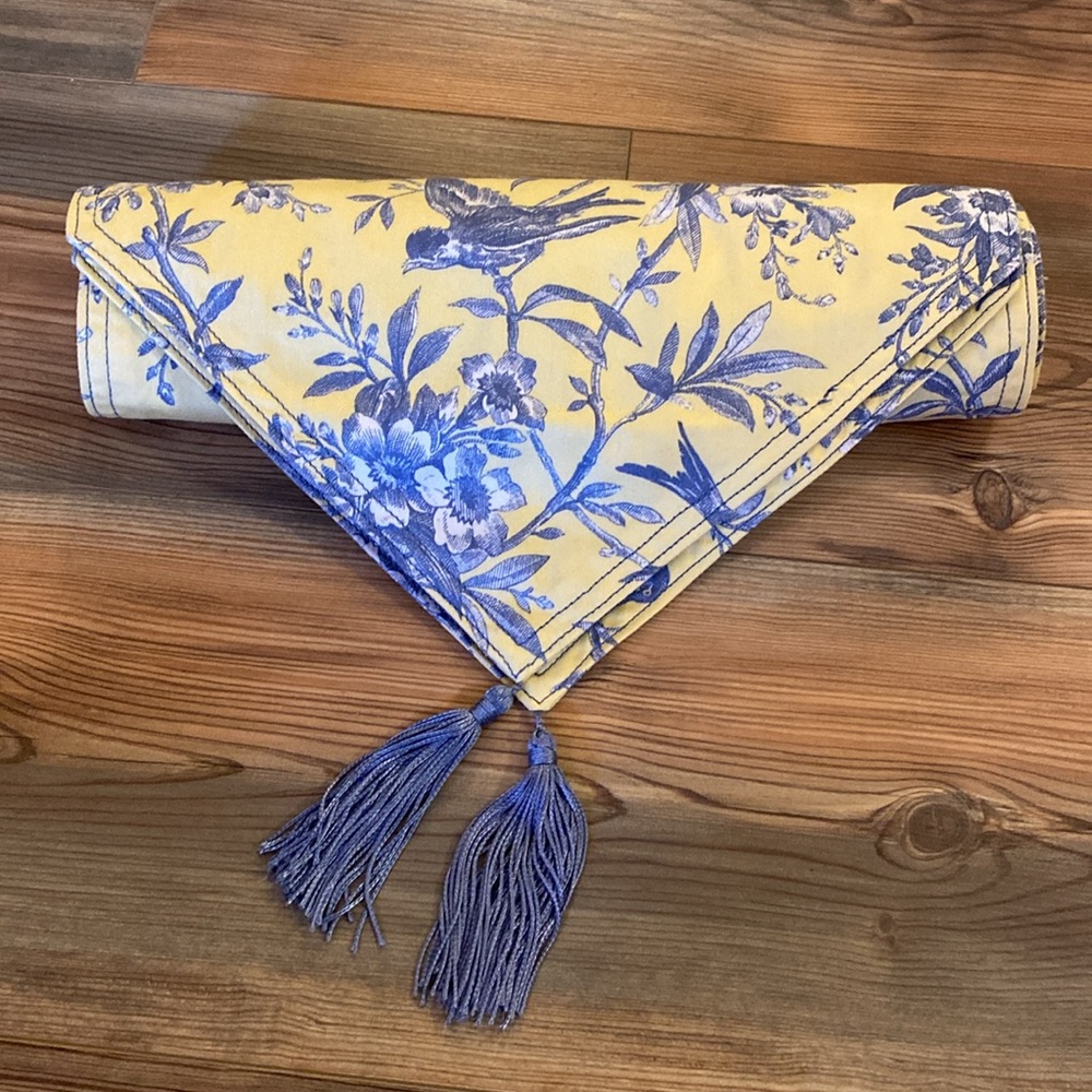 French Country Yellow and Blue Toile Table Runner with Tassels 6’ long Vintage - Picture 3 of 12